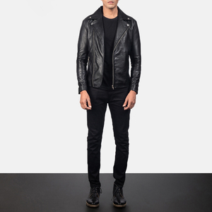 Men's Genuine Leather Biker Jacket Black Slim Fit Stand Collar Zipper Closure Moto Style Autumn Wear Quick Dry - Product Image 1