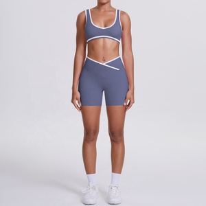 Scoop Neck Racerback <b>Crop</b> <b>Top</b> High Waist Shorts 2 Piece Set Seamless Breathable Yoga Wear Solid Color Contrast Binding - Product Image 1