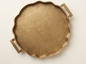 Custom Round Gold Metal Serving <b>Tray</b> <b>Handle</b> Finish Platter <b>With</b> Scalloped Edge Elegant Tableware For Wholesale Bulk Supply - Product Image 2