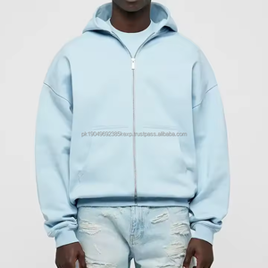 Vêtements de rue personnalisé recadrée fermeture éclair français éponge U bébé bleu hommes pull Boxy Fit sweats à capuche zippés pour hommes - Product Image 1