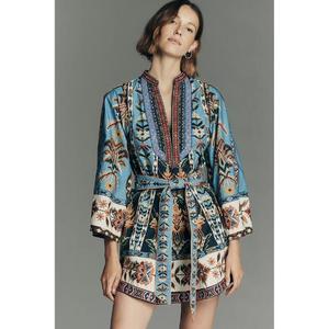 Robe à imprimé floral personnalisée, col en V, élégante, nouvelle arrivée, été, imprimé floral, manches longues, mini robe pour femmes - Product Image 1