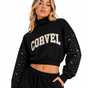 Ensemble de survêtement Y2K noir à strass, col montant, coupe courte, pour femme, avec impression de lettres en relief personnalisée, pantalon de survêtement ample et épais à jambes larges - Product Image 2