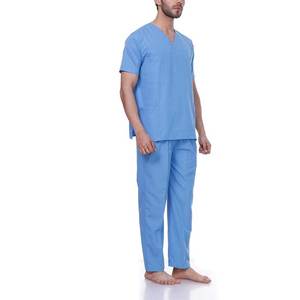 Ensemble de blouses médicales bleu clair pour hommes, col en V, manches courtes, pantalon uniforme, tenue d'hôpital, tissu tissé en coton et polyester - Product Image 4