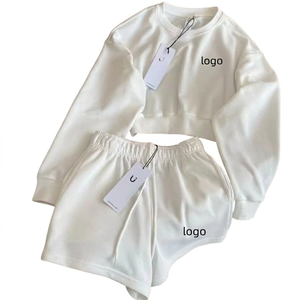 Women <b>2</b> <b>Piece</b> <b>White</b> Sweatshirt Drawstring Shorts <b>Set</b> Crew Neck Regular Fit Casual All Seasons Solid Color Embroidered ODM - Product Image 1