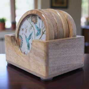 Handmade Custom Wooden <b>Round</b> <b>Coasters</b> With Bird And Floral Design Traditional Chinese Style Reusable Mats For Table Decor By UO - Product Image 4