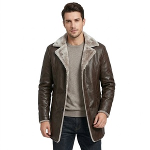 Abrigo de Invierno para Hombre, de Cuero Genuino, Forrado con Piel Sintética, Impermeable, Estilo Bomber, Cuello Redondo, Cortavientos, Grueso, Corte Regular, Largo - Product Image 2
