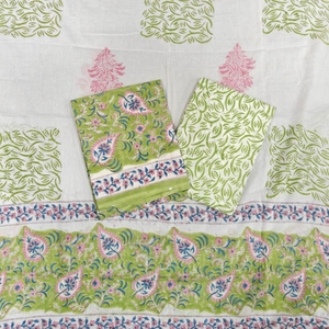 Conjunto de Pijama Kurti Sarong de Algodón con Estampado Floral Verde y Blanco |   Ropa de Playa para Mujer de Alta Calidad con Estampado Artesanal |   Ropa Casual Étnica para Estar en Casa - Product Image 1