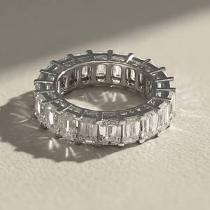 White Gold <b>Emerald</b> Cut Lab Grown Diamond Full Eternity Band with Baguette Cut Side Stones <b>Silver</b> Plated Luxury Women's <b>Ring</b> - Product Image 4