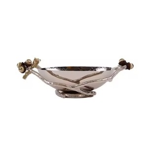 Bol de service de haute qualité en acier inoxydable blanc avec poignée en forme de branche de fleur, plat à fruits rond et profond pour la table à manger, service décoratif - Product Image 3