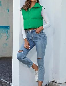 Chaleco Acolchado Verde para Mujer con Cuello Alto y Cierre de Cremallera, Prenda Exterior Informal sin Mangas, Color Sólido, Ligero y Cálido para Invierno - Product Image 4