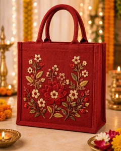 Bolsa de Mano Abierta de Yute Roja de Lujo con Bordado Floral para Mujer, Hecha a Mano, Ecológica, para Regalo - Product Image 1