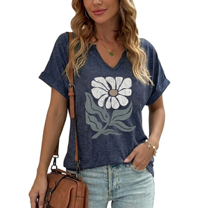 T-shirt personnalisé vintage imprimé pour femme, col en V, en coton uni, manches courtes, coupe ajustée, hauts graphiques féminins, fabricant - Product Image 2