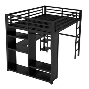 Letto a soppalco matrimoniale in metallo con armadio integrato e scrivania, mensole portaoggetti nere, set camera da letto - Product Image 4