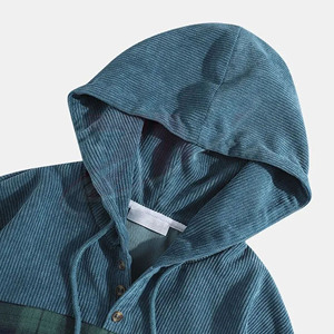 Sudadera con capucha de pana para hombre, estilo patchwork, informal, a cuadros, con capucha, estilo urbano, para otoño e invierno - Product Image 3