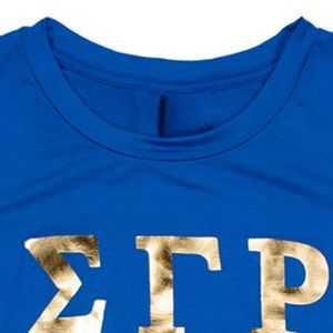 เสื้อยืด SGR สีน้ำเงินรอยัลบลู ฟอยล์ พิมพ์ลายตัวอักษรกรีกแบบเมทัลลิก เสื้อแขนสั้นผ้าฝ้าย เสื้อทีมชมรมพรีเมียม - Product Image 3