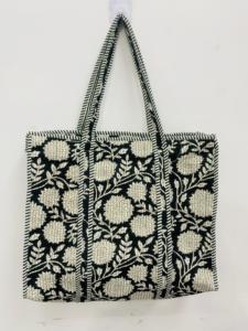 White Floral Printed Quilted Cotton <b>Boho</b> Tote <b>Bag</b> with Drawstring Closure Large Size for Women Handmade Shoulder Carry Daily Use - Product Image 2