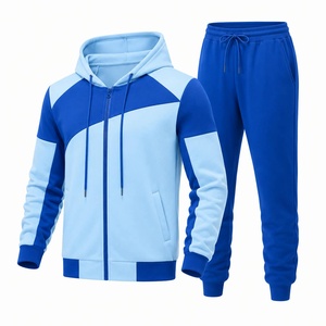 Unisex Blau Bedruckter Farbblockierender Kapuzen-Trainingsanzug Sportlich Leichtgewichtig Vollärmelig mit Kordelzug Lässige Herbstkleidung Normale Passform - Product Image 2