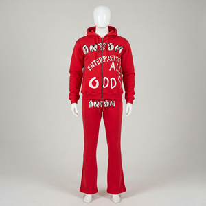 Custom <b>Wholesale</b> Mens Red Puff Print Zip Up Hoodie <b>Flare</b> <b>Sweatpants</b> Set Heavyweight Fleece Streetwear Tracksuit 2 Piece Outfits - Product Image 2