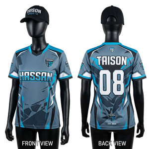 Camiseta deportiva para mujer, 180 GSM, tela de poliéster que absorbe la humedad, diseño camuflaje gris, paneles de manga raglán, logotipo personalizado sublimado - Product Image 6