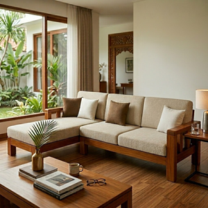 Modern Solid Teak <b>Wood</b> L Shape Sectional <b>Sofa</b> Set Upholstered Corner Living Room Lounge Furniture - Product Image 1