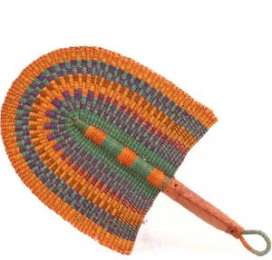 Éventail en jonc de mer tressé multicolore orange, fait main, écologique, motif géométrique ethnique, éventail rafraîchissant pour les fêtes d'été et la plage - Product Image 4