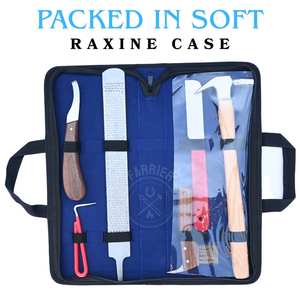 Kit d'outils de fermeur équin avec couteau à sabots incurvé en acier inoxydable, râpe à sabots, marteau à clous et brosse de nettoyage, dans un étui - Product Image 6