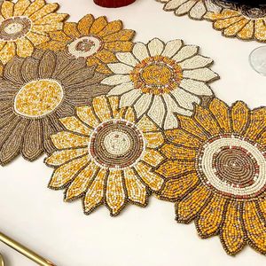 Embroidered Beaded Sunflower <b>Table</b> <b>Runner</b> Floral Rustic Home Decor Washable Hand Wash - Product Image 3