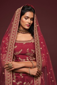 Burgundy Embroidered A-Line Floor-Length <b>Lehenga</b> Choli Set Silk Wedding Outfit Traditional Women Party Dress - Product Image 5