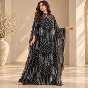 Colección de Vestidos Kaftan para Mujer, Vestido de Noche Negro con Lentejuelas Plateadas, Kaftan Maxi Estampado Abstracto en Color Crema Marfil, Corte Holgado - Product Image 1