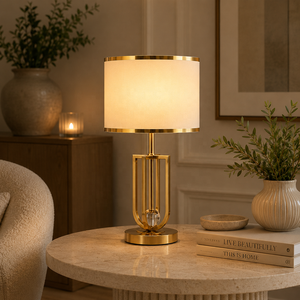 Lampe de table en métal Regalia Crystal avec finition dorée, abat-jour en tissu, structure en fer robuste, élégante pour la chambre à coucher, le salon - Product Image 1