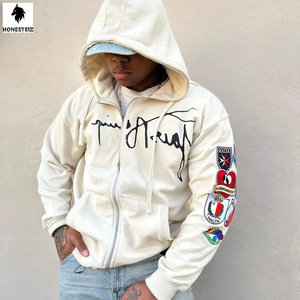 Sweat à capuche zippé personnalisé pour homme en molleton épais 100 % coton avec broderie en strass, style vintage hiver - Product Image 6