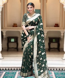 Green Silk Saree Gold Floral Print Banarasi Style Traditional Indian Wedding Party Wear Women <b>Floor</b>-Length Regular Fit All - Product Image 1