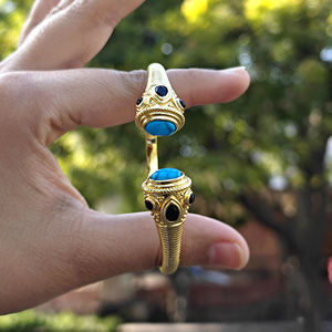 Boho fashion jewelry blue turquoise <b>stone</b> open cuff <b>bracelet</b> with tiny black quartz 18k gold plated designer party wear bangle - Product Image 5