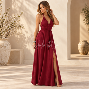 Robe longue bordeaux à col licou, décolleté plongeant, ceinture tressée à la taille, tissu fluide et doux, fente latérale, pour l'été, la plage, les soirées et les fêtes - Product Image 2