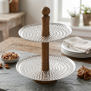 2-Tier Hammered Design Iron Or Steel & Mango Wood Serving <b>Cake</b> Stand. Elegant Display Tray Stand For Cupcakes, Fruits & Desserts - Product Image 6