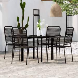 Juego de Comedor Mediano de Acero con Recubrimiento en Polvo Negro y Vidrio, con Muebles de Jardín de Cuerda de Algodón - Product Image 1