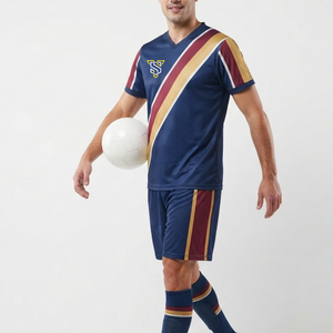 Maillot de football bleu avec rayures diagonales, col en V, manches courtes, polyester respirant, coupe athlétique, vêtements pour hommes adultes - Product Image 5