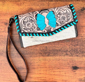 Belle pochette de sculpture usinée à la main de créateur portefeuille en fourrure de vachette de couleur turquoise multi-utilisations pochette de Offre Spéciale au design unique - Product Image 2