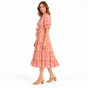 Women's Pink Floral Midi <b>Dress</b> Short Puff Sleeve V Neck Tiered Ruffle <b>High</b> <b>Waist</b> Vintage Summer Casual A-Line <b>Dress</b> - Product Image 3