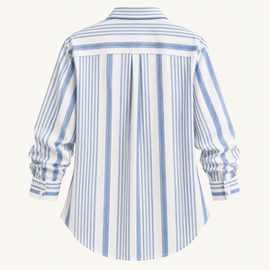 Camisa de Mujer con Botones Geométricos, Manga Larga, Corte Regular, Popelina de Algodón, Blusa Casual de Verano, Blanca y Azul, de Secado Rápido y Lavable - Product Image 3