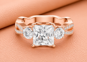 Anillo de Compromiso con Diamante Corte Princesa, Banda Trenzada en Oro Rosa, Anillo Nupcial de Lujo con Tres Piedras, Regalo de Joyería para Boda - Product Image 2