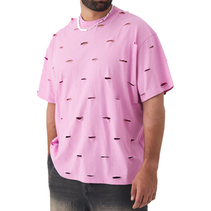 <b>Mens</b> Pink Oversized Distressed T <b>Shirt</b> Ripped Hole Streetwear Casual Loose Fit Cotton Short Sleeve Trendy Fashion Tee - Product Image 1