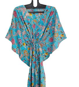 Caftán con cuello en V y encaje floral estampado a mano, estilo vintage, línea A, 100% algodón natural, largo hasta la rodilla, informal, para vacaciones de verano, vestido tipo bikini. - Product Image 1