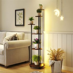 Portavasi a 6 livelli marrone rustico con striscia luminosa RGB, controllo tramite APP e telecomando per l'arredamento della casa - Product Image 1