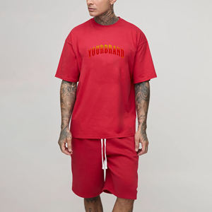 Conjunto de Camiseta y Pantalones Cortos Rojos de Dos Piezas, Material de Algodón, Ropa Casual de Calle, Conjuntos de Punto para Hombre - Product Image 1