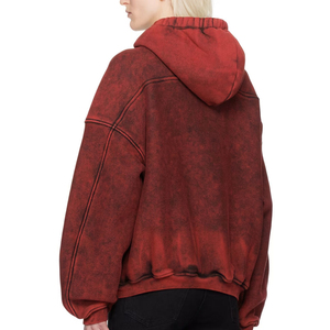 Sweat-shirt à capuche oversize rouge uni en coton délavé French Terry unisexe avec poches, coupe classique, idéal pour l'automne - Product Image 2