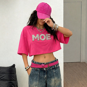 T-shirt personnalisé pour femme avec logo, T-shirt court pour femme, vente en gros, Crop Top en coton uni avec strass, décontracté et ajusté, OEM - Product Image 3
