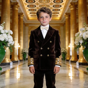 Costume de fête pour garçons en velours marron à double boutonnage avec broderie dorée, tenue de cérémonie pour enfants - Product Image 1