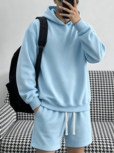 Ensemble sweat à capuche et short bleu clair pour homme, couleur unie, tenue décontractée d'été en molleton tricoté confortable - Product Image 5
