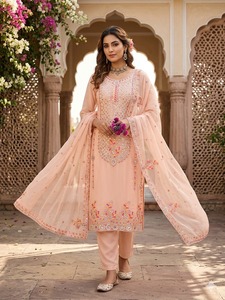 Elegant Peach Embroidered Summer/Spring Winter Party Pakistani Suit Set Organza Dupatta | Designer Sequins Work Kurta Palazzo - Product Image 5